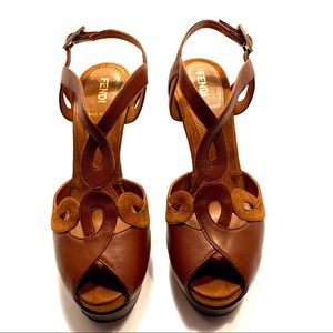 FENDI Leather Platform Heel Sandals 36.5